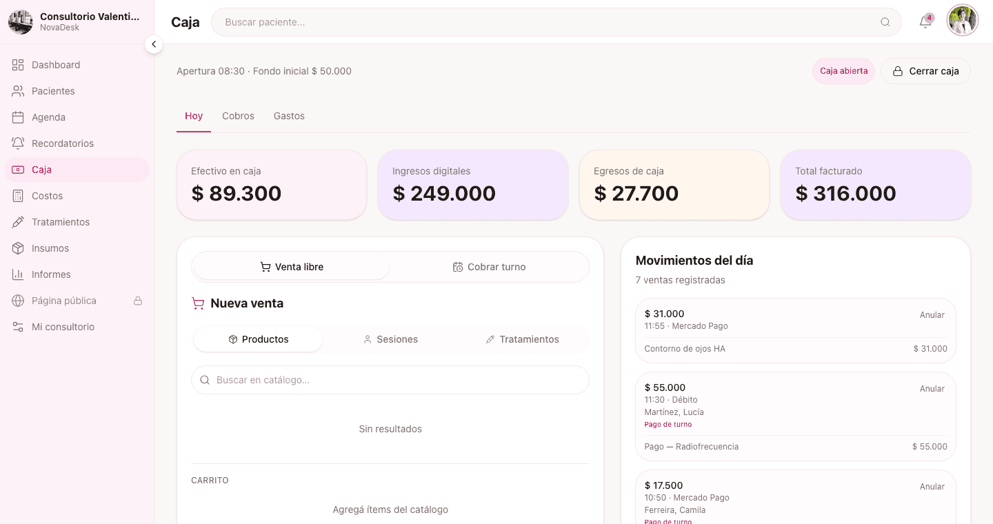 Caja de NovaDesk con efectivo, ingresos digitales y movimientos del día