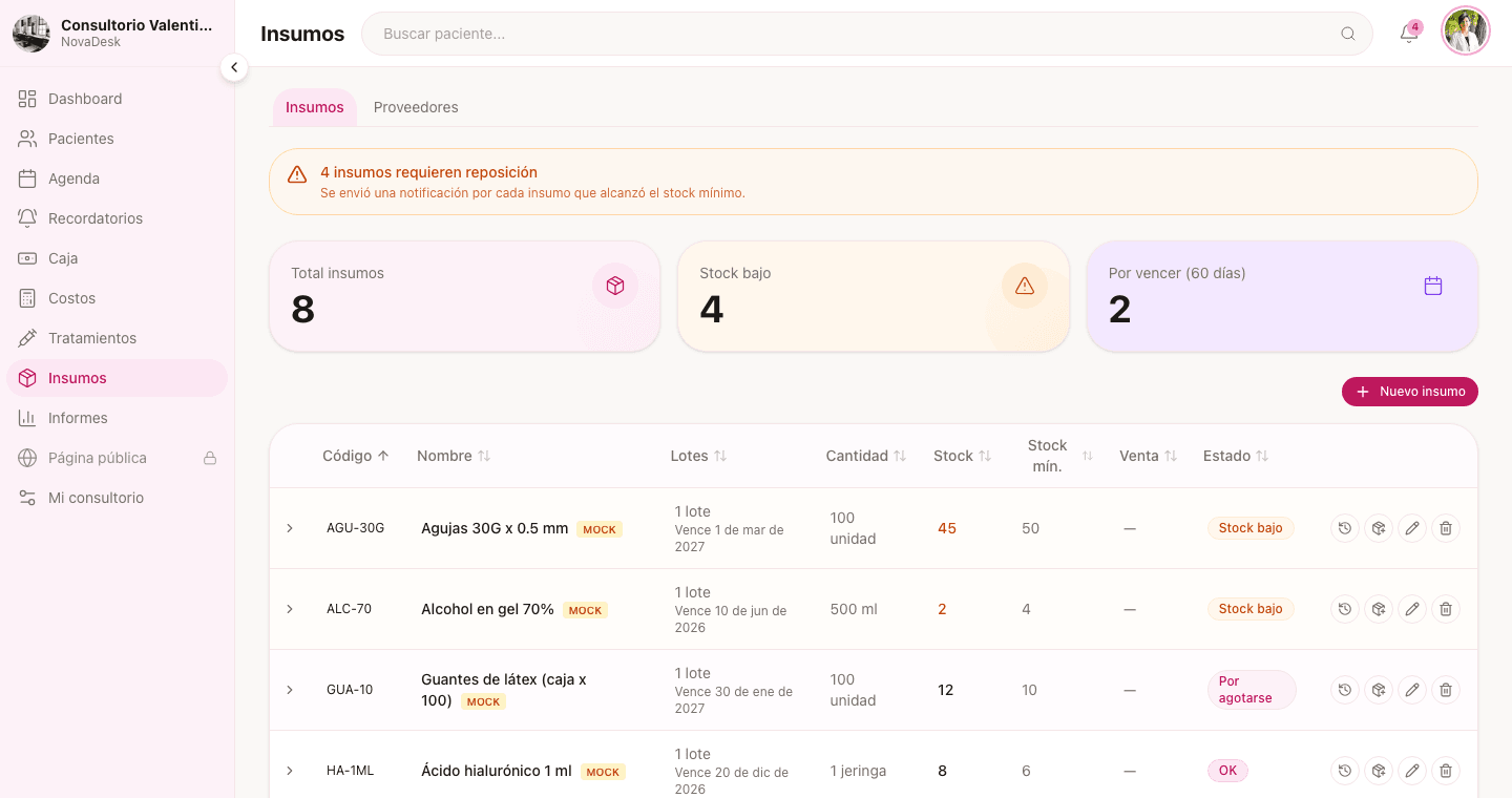 Listado de insumos en NovaDesk con stock, vencimientos y alertas de reposición